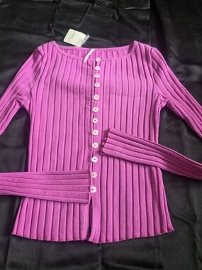 Free People Fitted Ribbed Button Cardigan Cardi Preppy Stretch Magenta Pink
